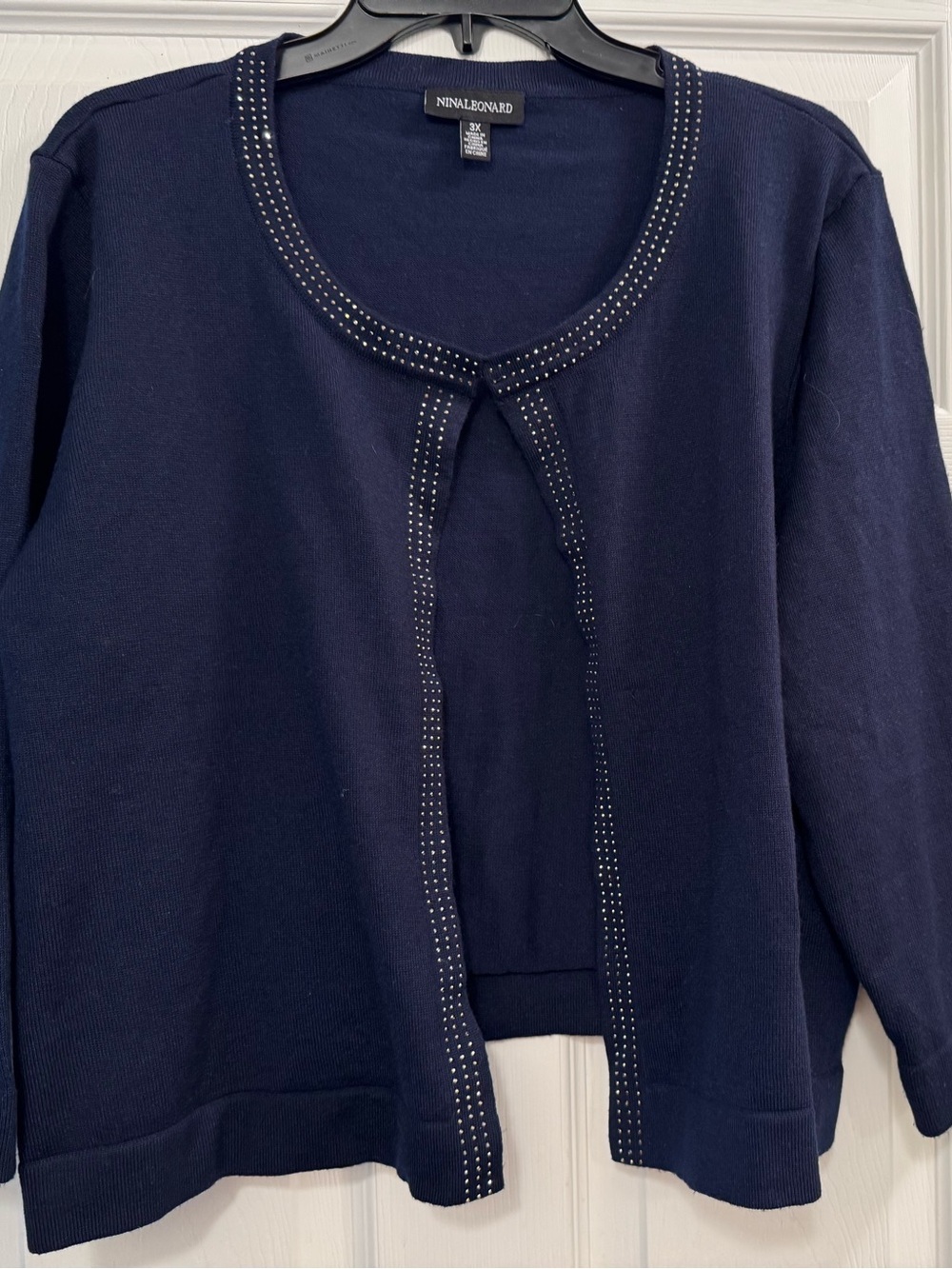 Nina Leonard Navy Open-Front Cardigan with Beaded Trim